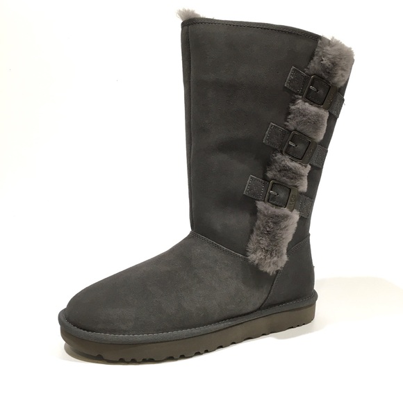 UGG KLEA BUCKLE BOOTS -CHARCOAL SUEDE / SHEEPSKIN TRIM -US 11 -NEW - Picture 3 of 9